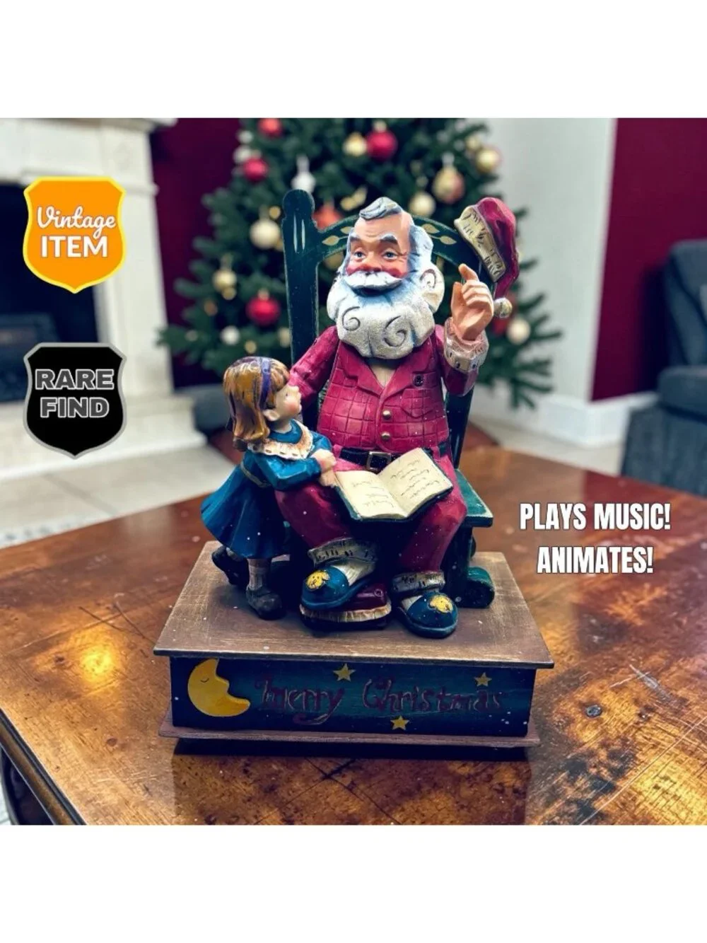 Vintage Wood/Resin Santa Claus Musical Wind Up Animated Christmas Holiday Decor.